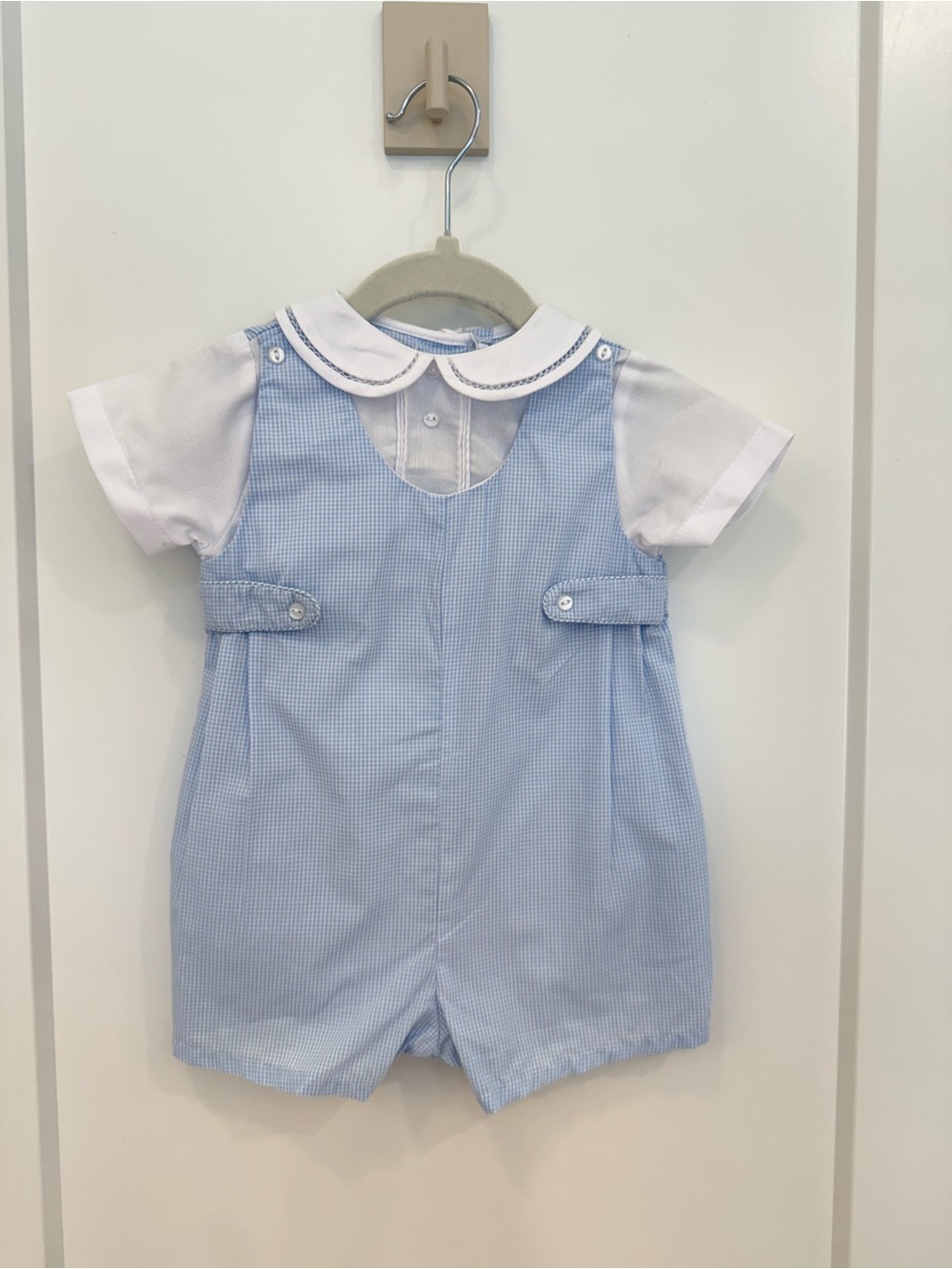 Petit Ami Light Blue Gingham Romper w/ White Peter Pan Collar w/ Matching Bonnet